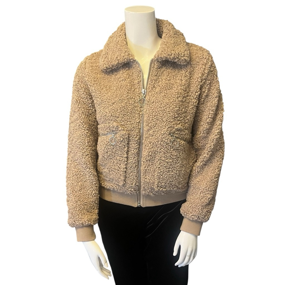 GARAGE Taupe Beige Sherpa Teddy Bomber Jacket, S